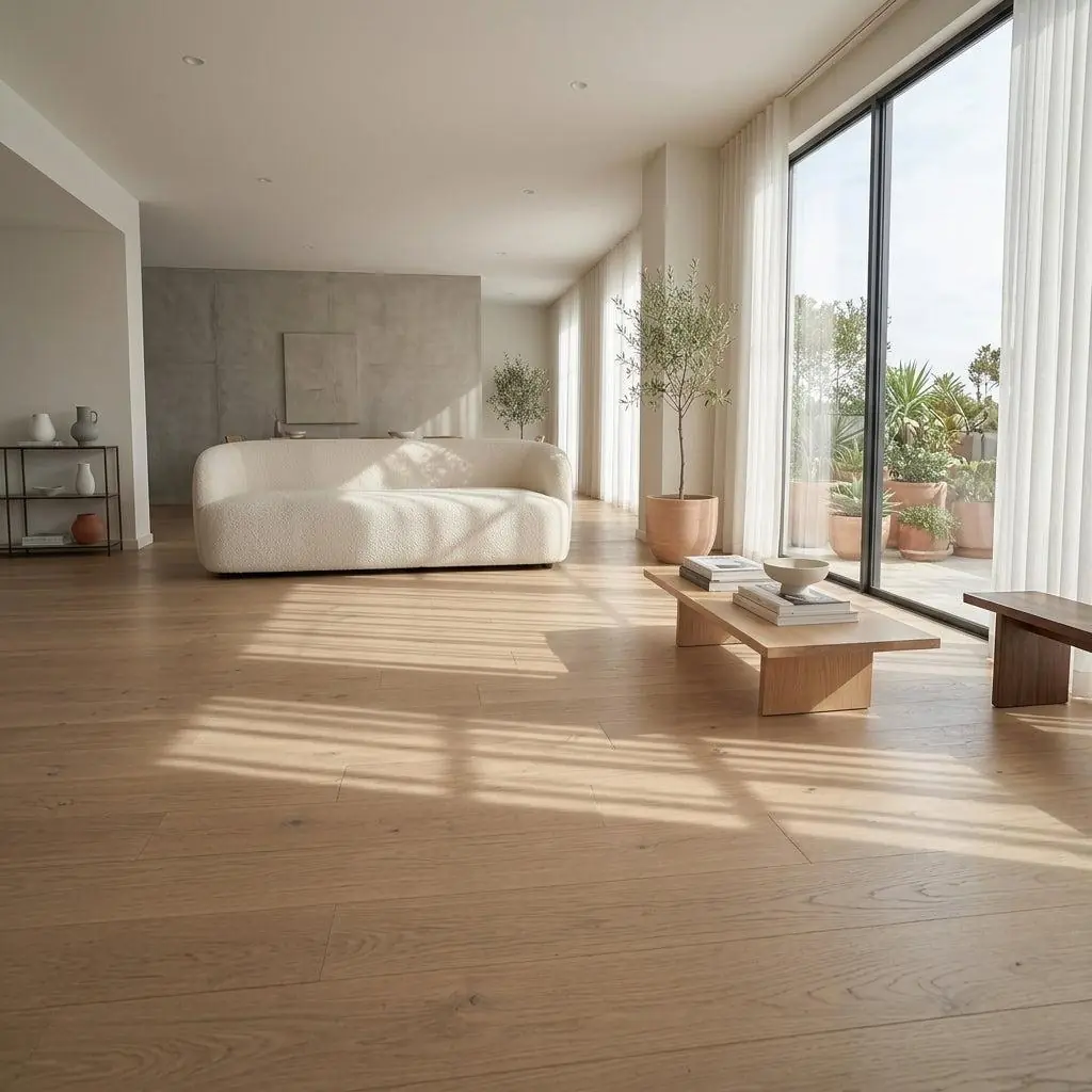 Wide-plank natural white oak hardwood floor in a bright living room